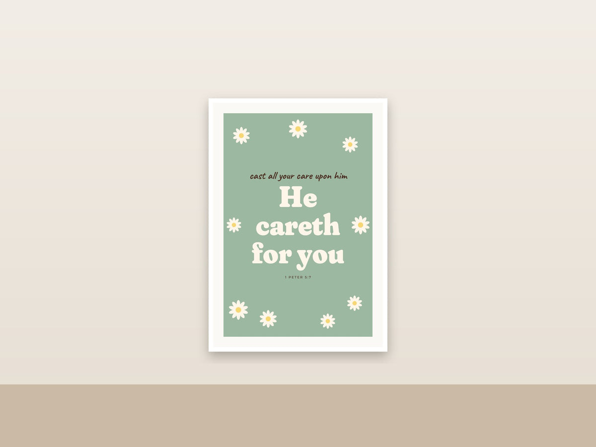 He Careth for You | 1 Peter 5:7 Trendy Christian Wall Art Printable